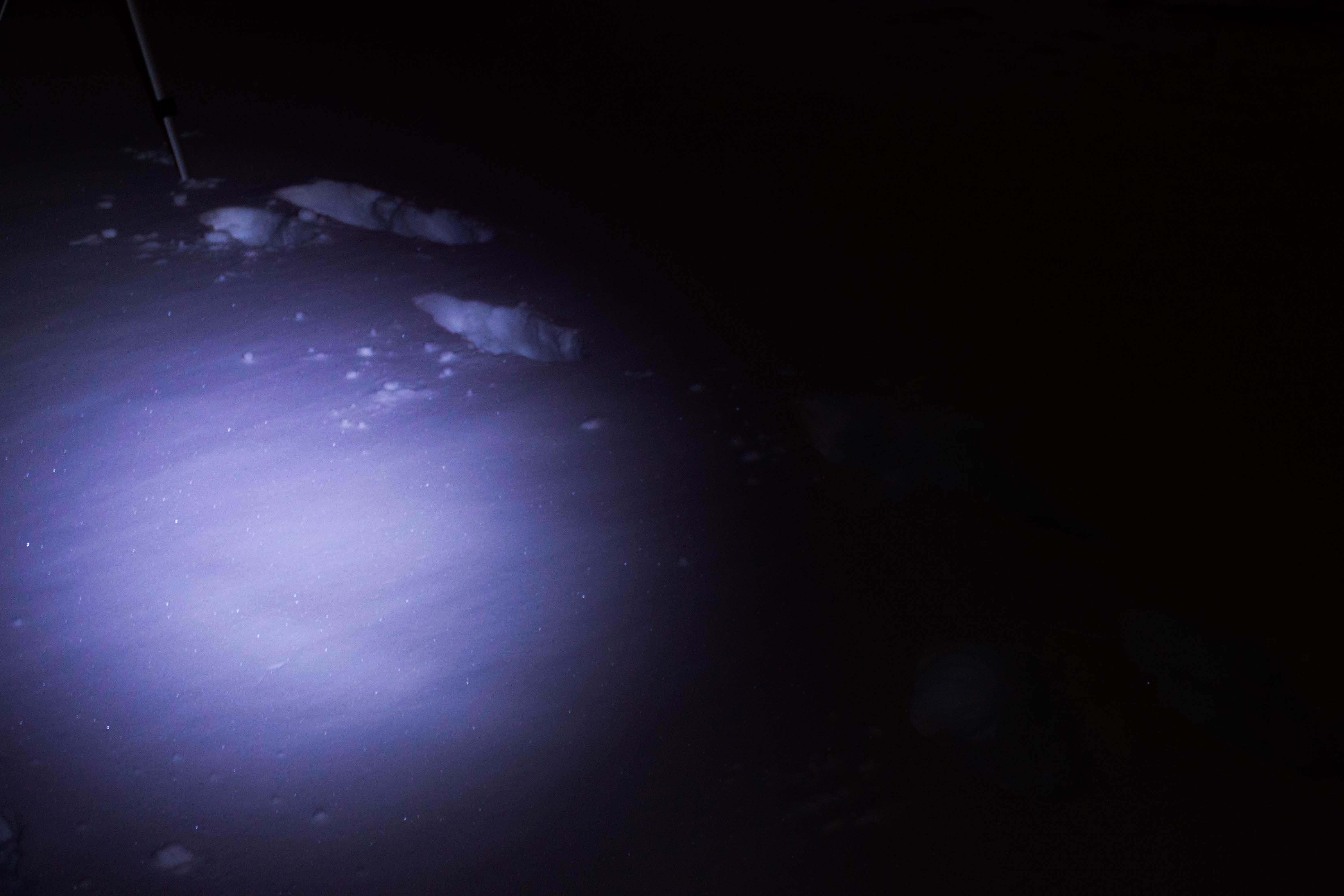 dimly lit, more snowy footsteps with tripod